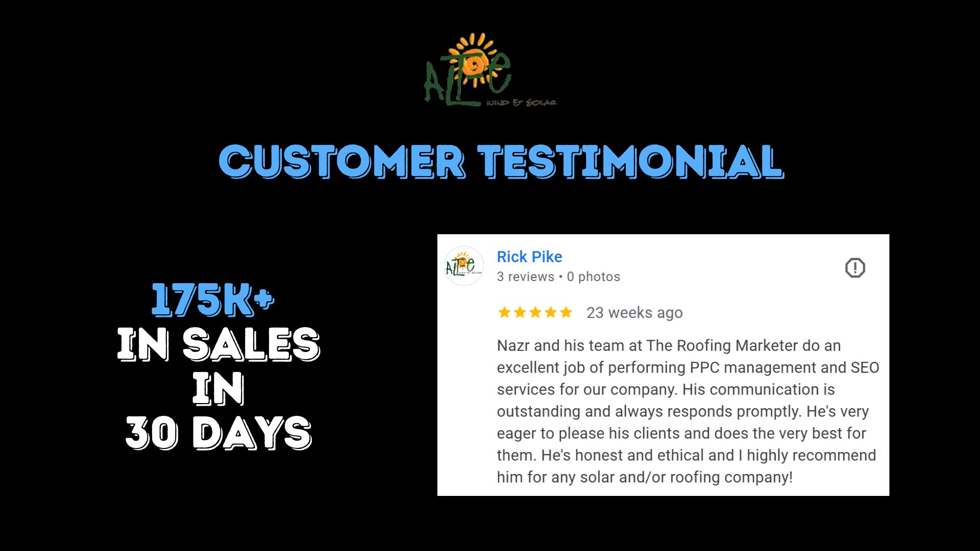 Testimonial praising PPC and SEO services for achieving $175K+ in sales in 30 days, highlighting excellent communication.