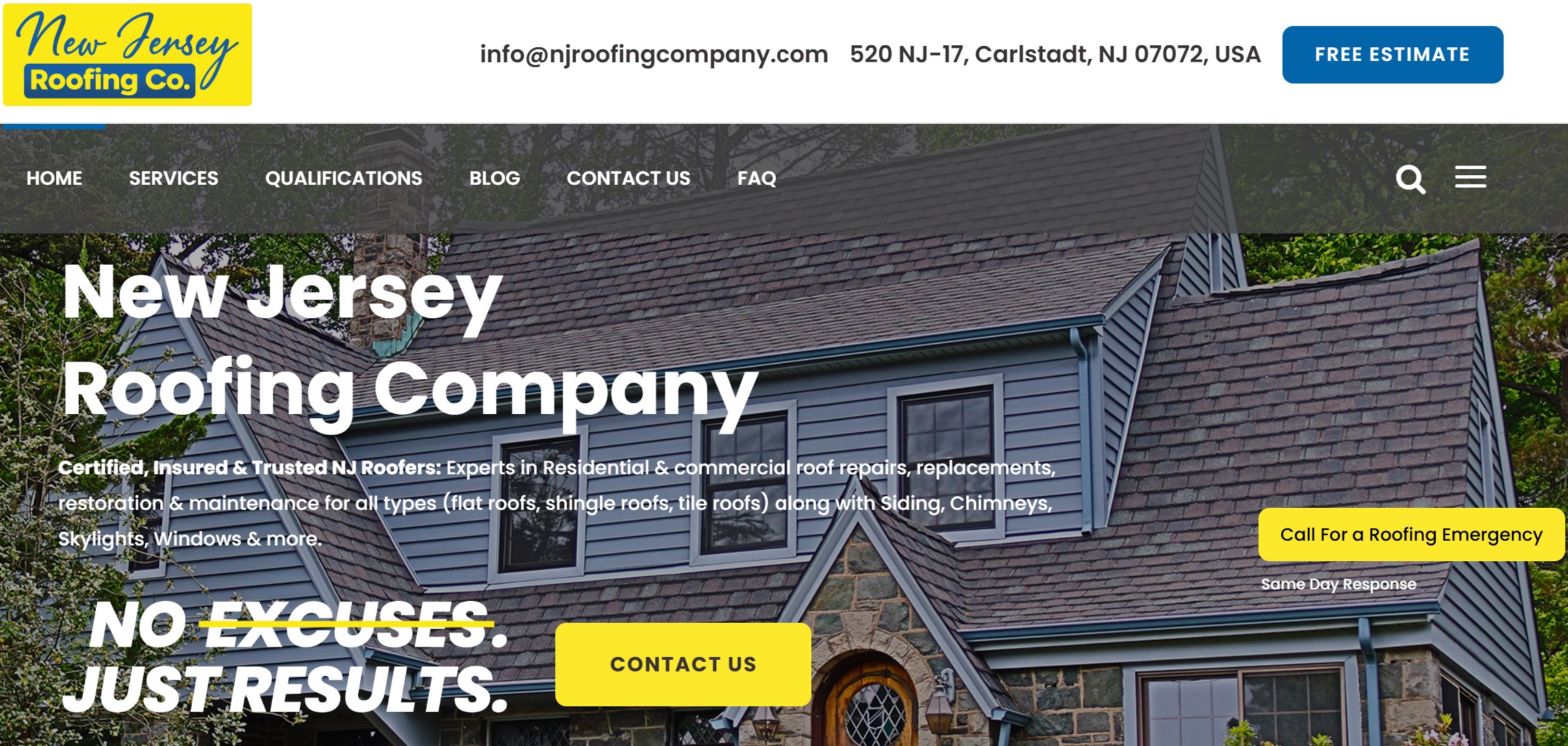 Website header for New Jersey Roofing Company offering roof repairs and maintenance. Contact info and services listed.