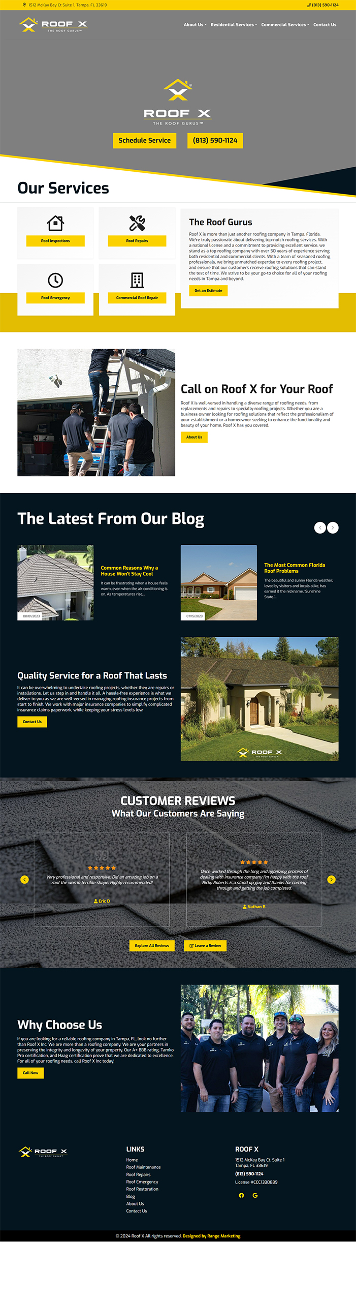 Roof X homepage featuring services, blog, customer reviews, and contact info for roofing solutions in Tampa, Florida.