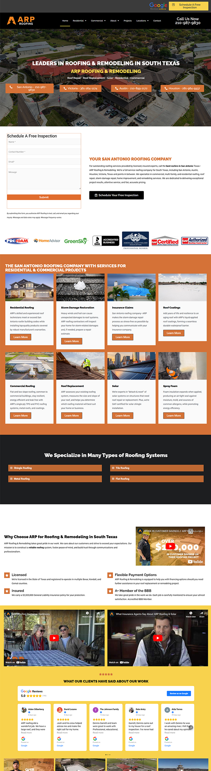 Screenshot of ARP Roofing's website showcasing roofing services, client testimonials, and contact options in South Texas.