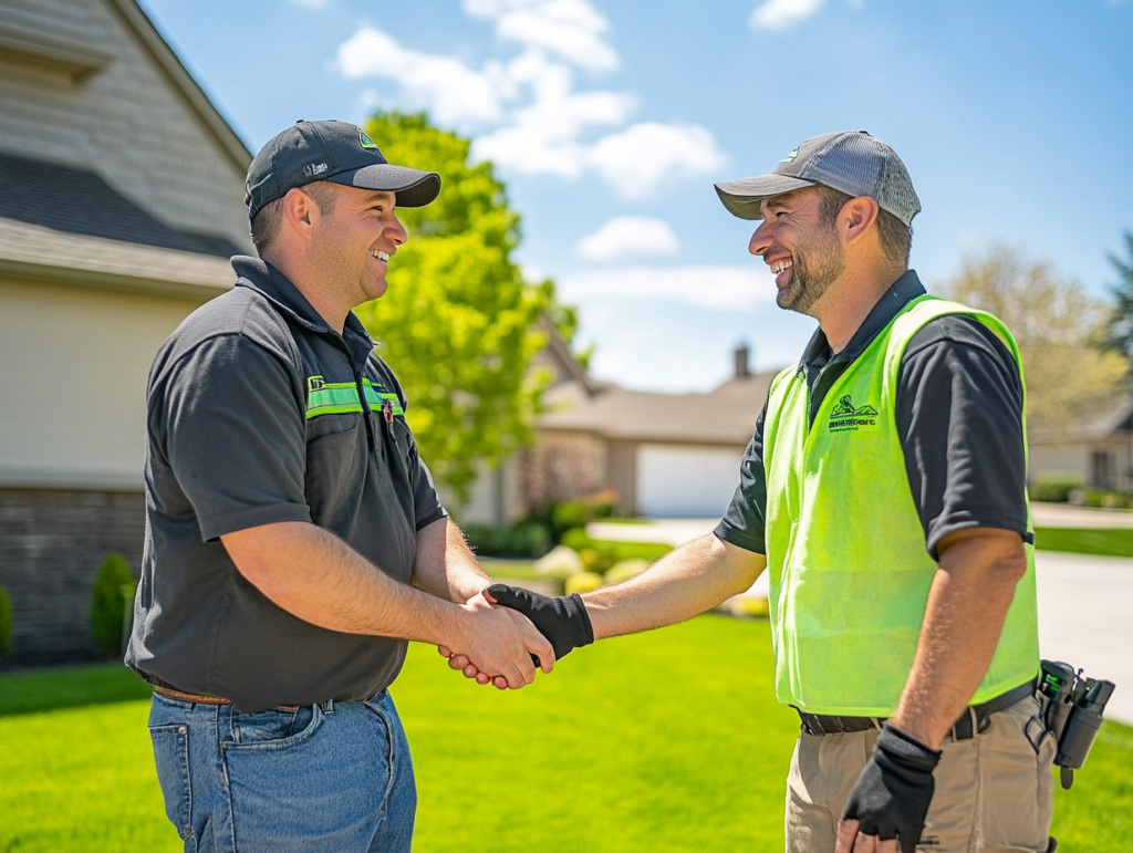 Two men, wearing caps and work uniforms, smiling and shaking hands in a sunny residential neighborhood.
