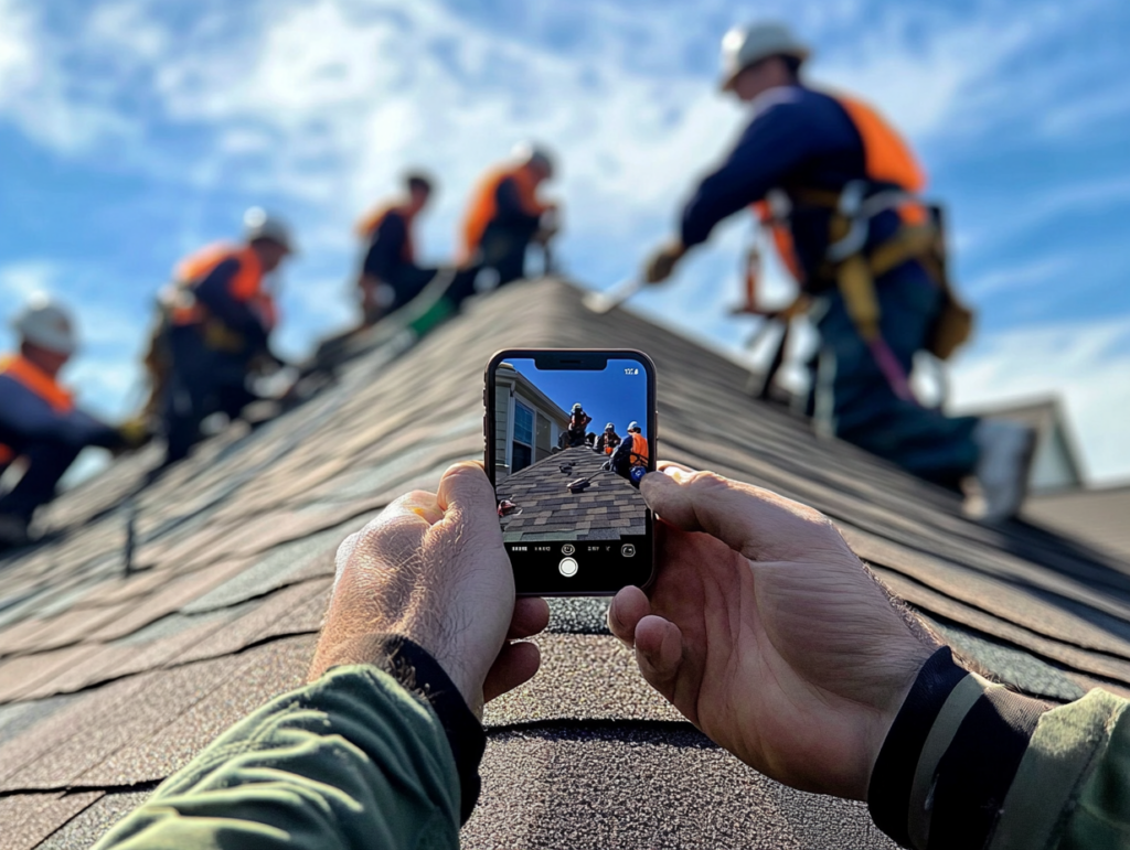 Person takes photo of roofers working on shingles, capturing the scene with a smartphone on a bright, clear day.