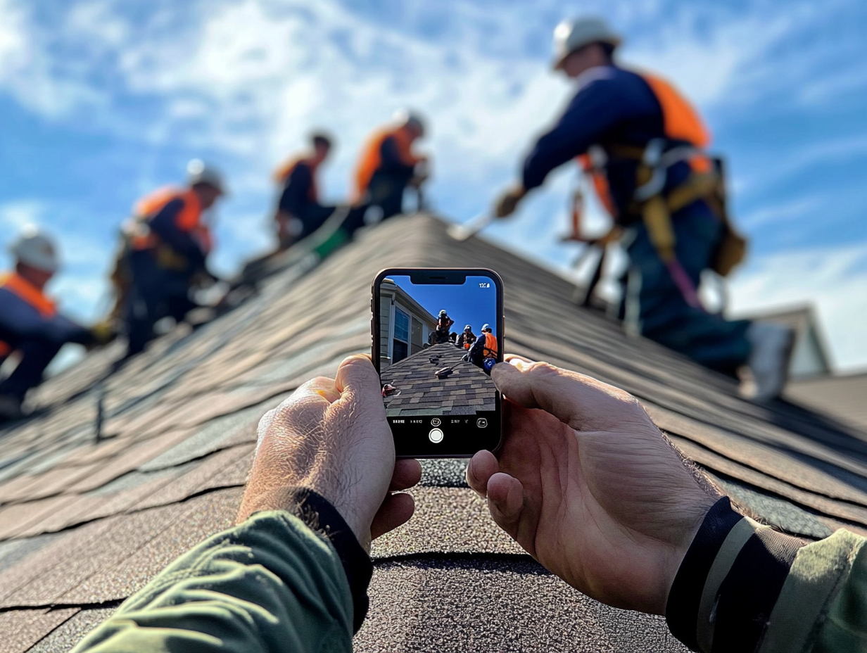 Person takes photo of roofers working on shingles, capturing the scene with a smartphone on a bright, clear day.