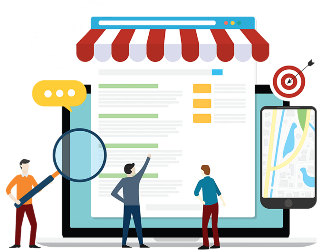 Illustration of people analyzing search results under a storefront awning, with a magnifier, speech bubble, and map.
