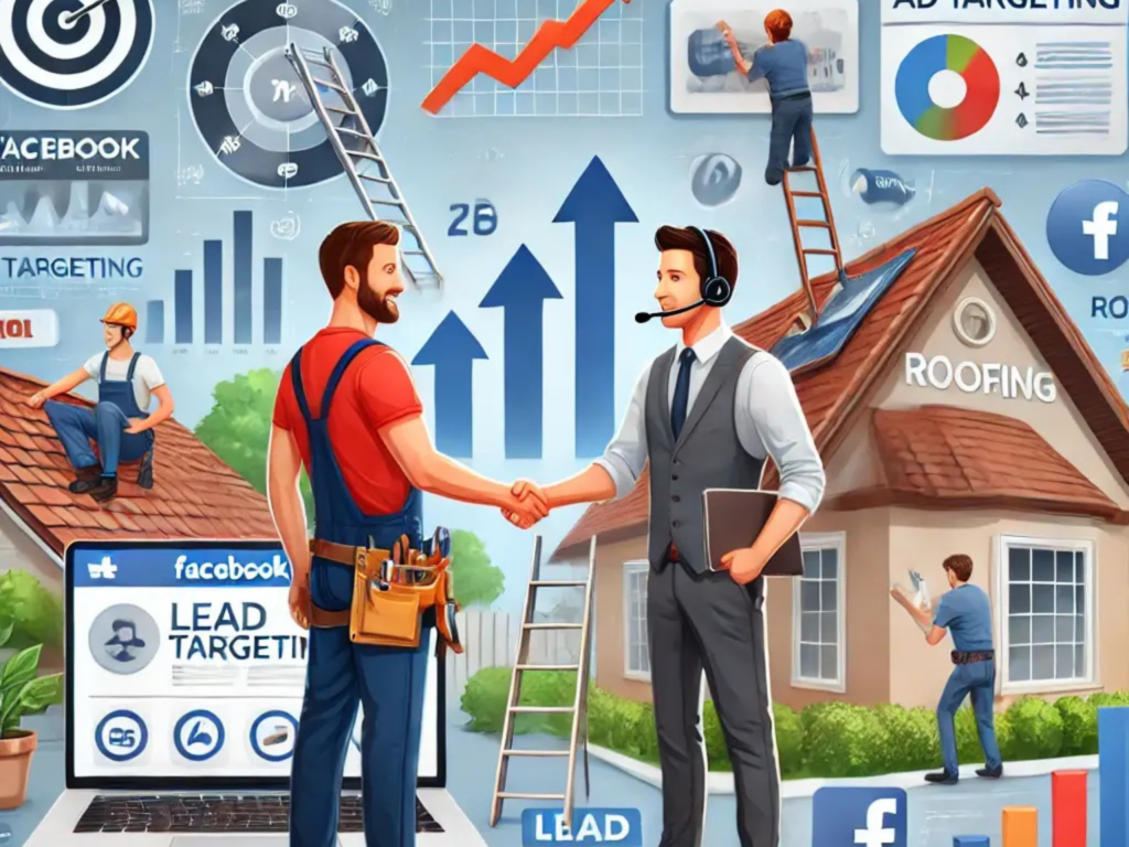 Illustration of roofing business strategies, showing handshake, graphs, and digital marketing elements like lead targeting.