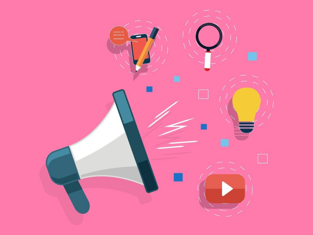 Megaphone with icons of a smartphone, magnifying glass, lightbulb, and play button on a pink background.