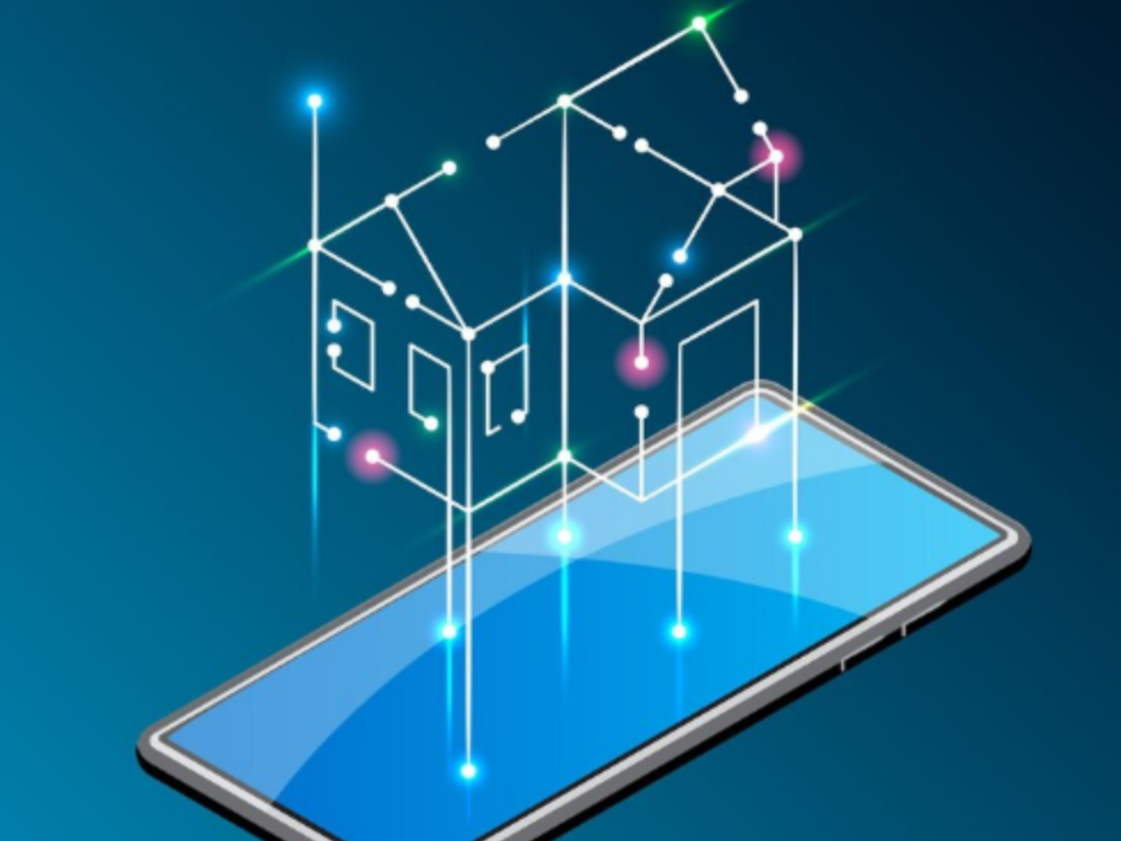 Smartphone with a digital 3D smart home hologram projected above, symbolizing mobile IoT or smart home technology.