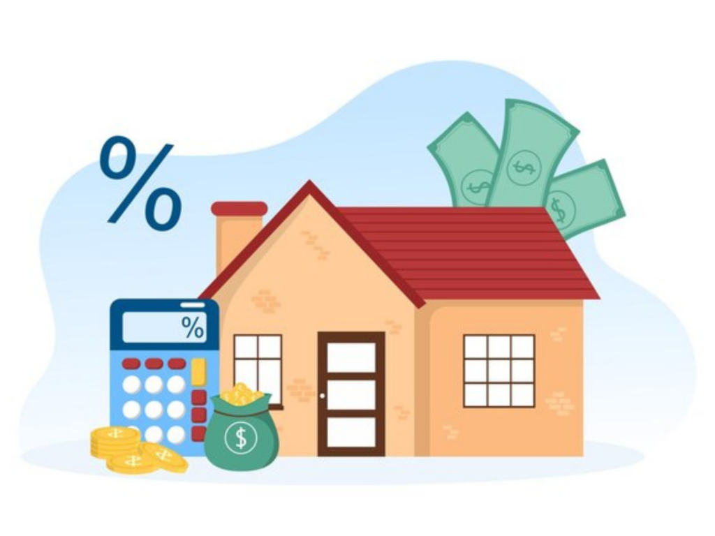 Illustration of a house, calculator, percentage symbol, coins, and cash, representing mortgage and financial calculations.