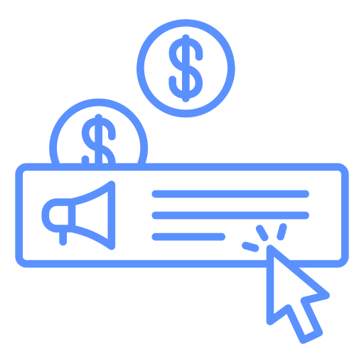Digital marketing icon with a megaphone, dollar signs, and mouse cursor, representing online advertising and monetization.