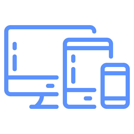 Icon of a desktop computer, tablet, and smartphone in blue, representing digital devices and technology integration.